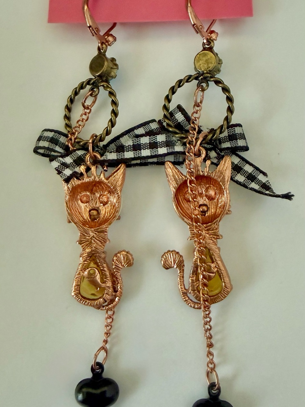 VTG Betsey Johnson Great Day In Paris Cat With Fish In Belly 4” Dangle Earrings - Picture 3 of 5